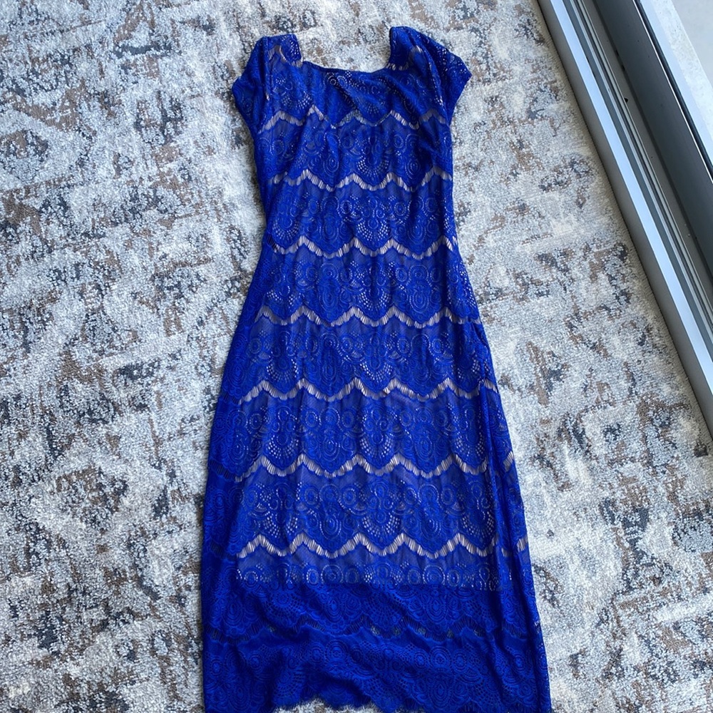 BEBE womens dress size S blue and nude lace